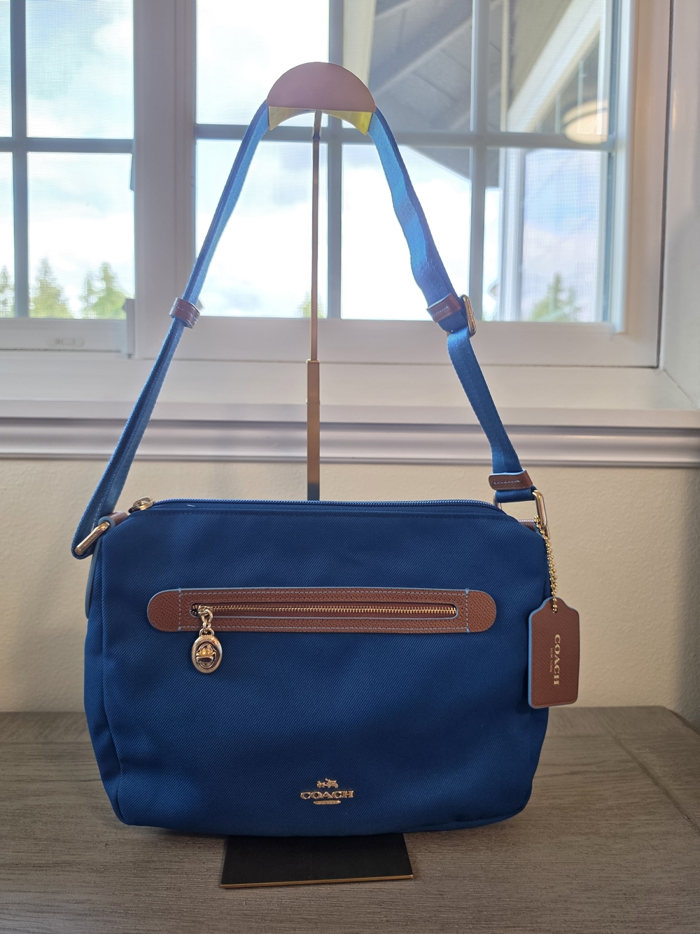 Coach Blue Canvas Crossbody Bag with Leather Trim